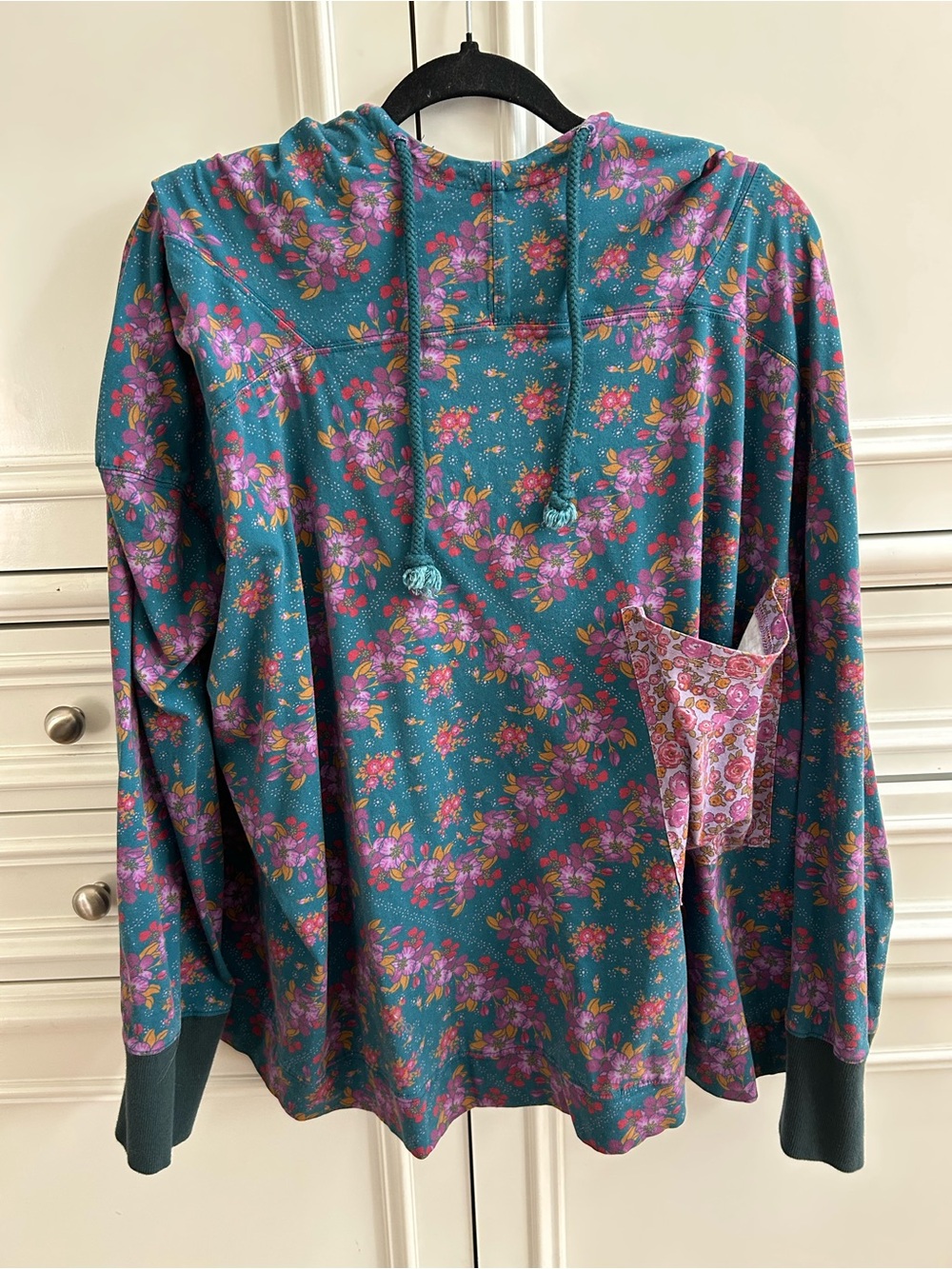 Natural Life Teal Floral Hoodie Top with Pink Pocket